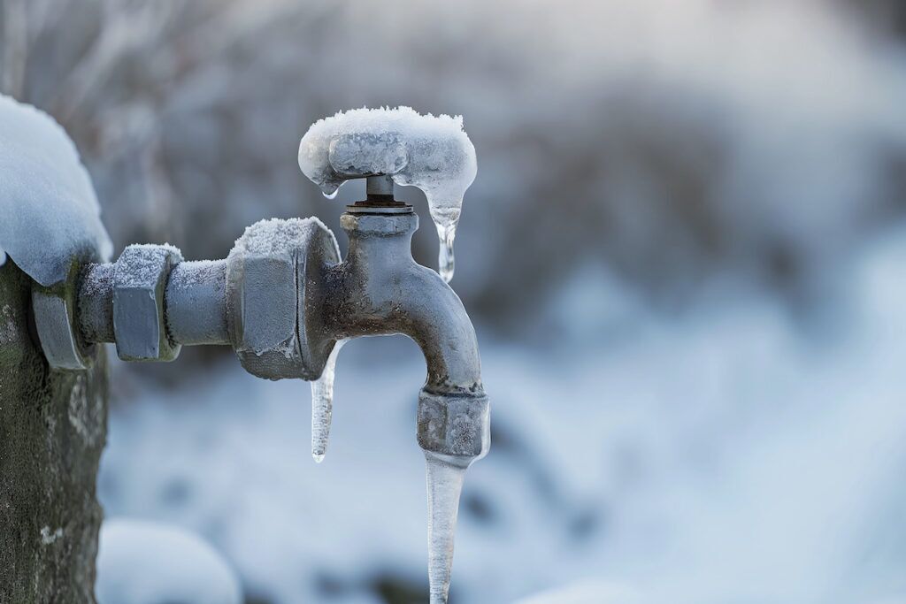 Frozen water tap covered in snow and icicles in winter